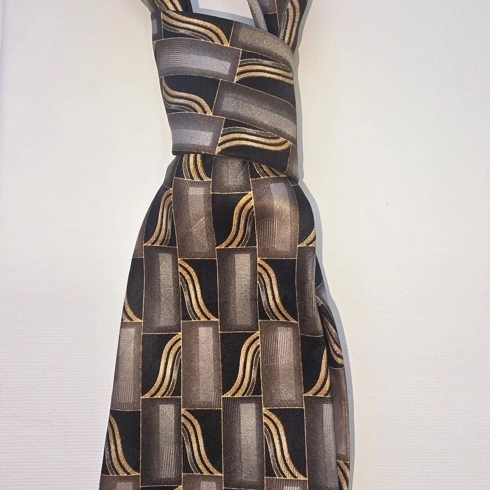Pierre Cardin Mens Silk Necktie Black Grey Gold Geometric Abstract‎ Wide 4 Inch